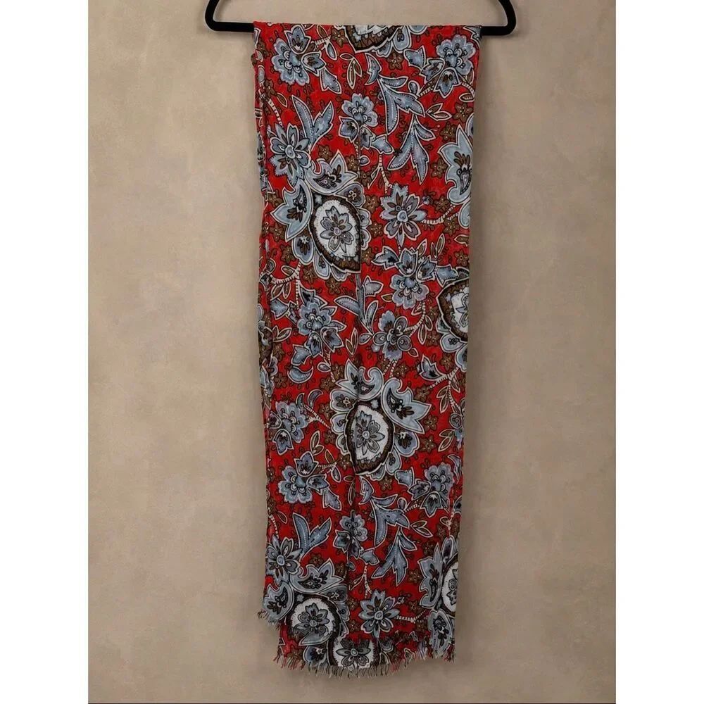 LOFT Floral Paisley Scarf Red Blue Lightweight Fringe Wrap Shawl 25.5x71